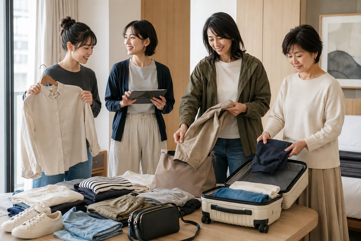 秋の街歩き旅行に向けて、少数のトップス、ボトムス、羽織り、靴とバッグを見比べながら荷造りする成人女性4人。