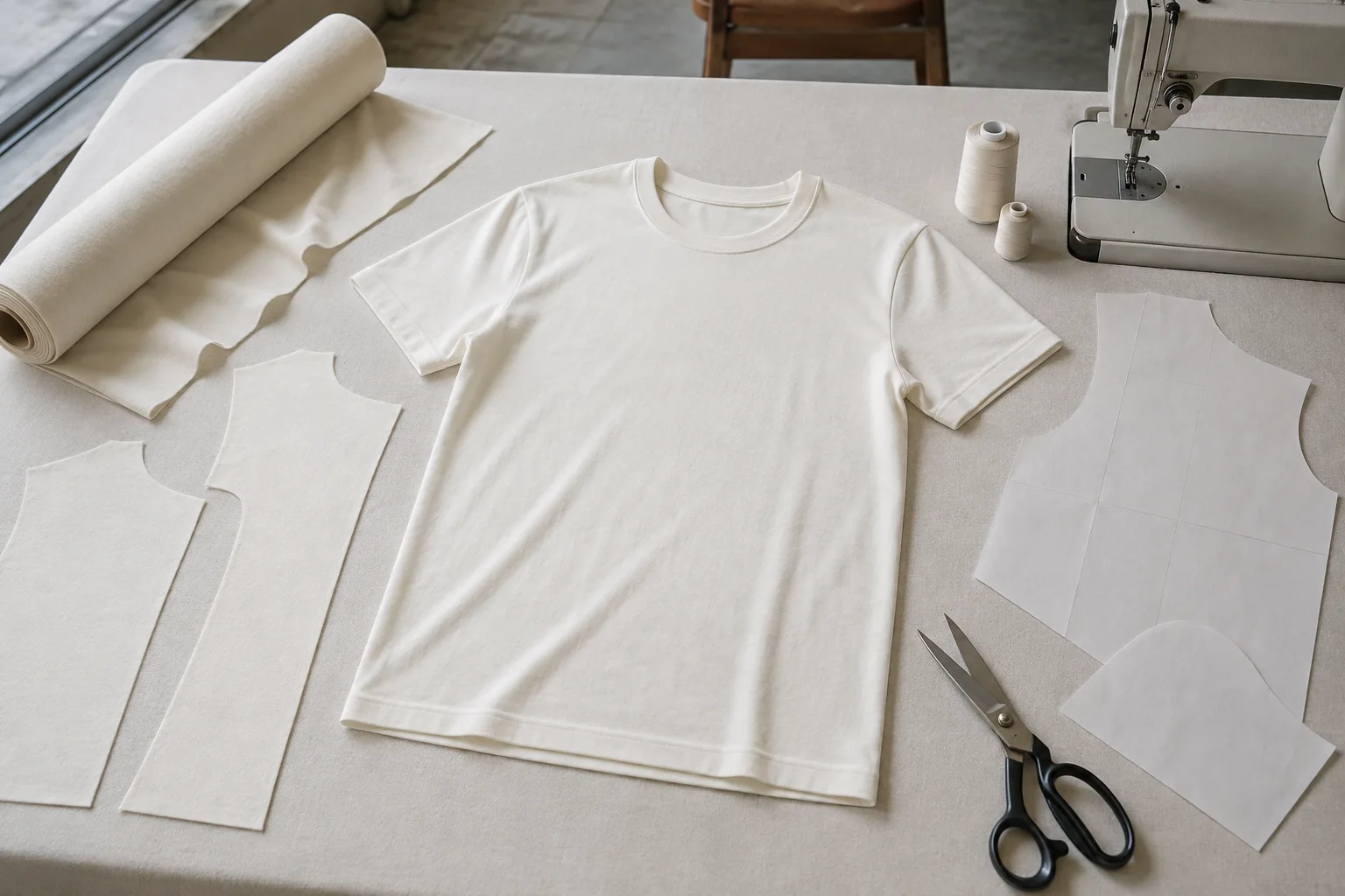 無地の白いTシャツと、編み上げた生地、裁断したパーツ、ミシンを並べ、カットソーの制作工程を示したAI生成画像。