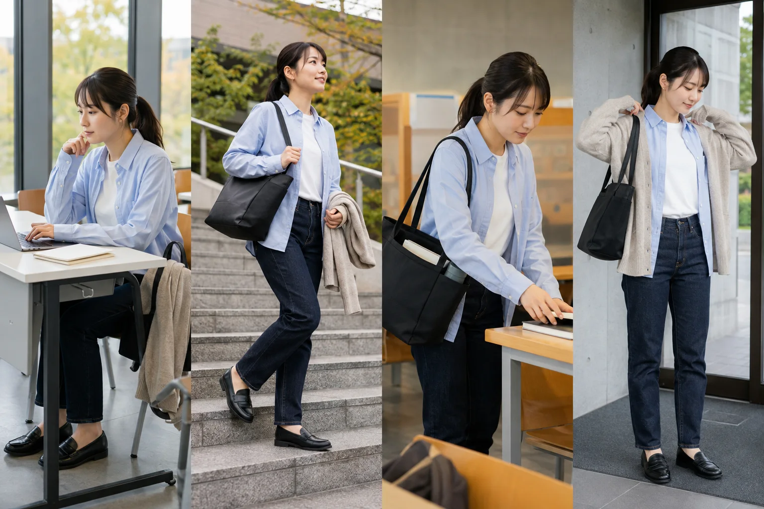 同じ青シャツとジーンズの装いで、机に座る、階段を歩く、バッグから教材を出す、カーディガンを羽織る四場面。