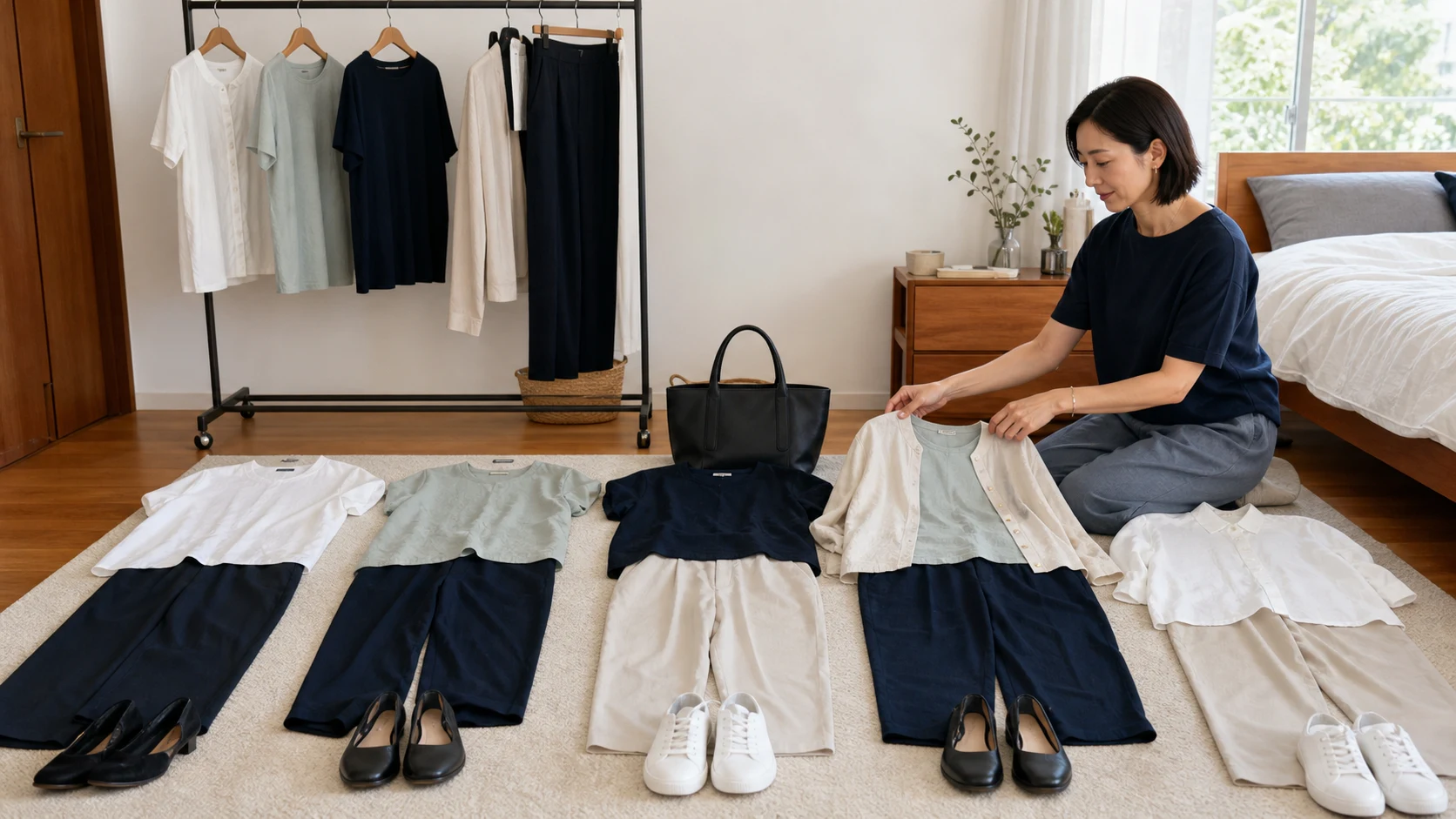 成人女性が、少数の同じ手持ち服を使って平日5日分の組み合わせを床とラックへ並べている。