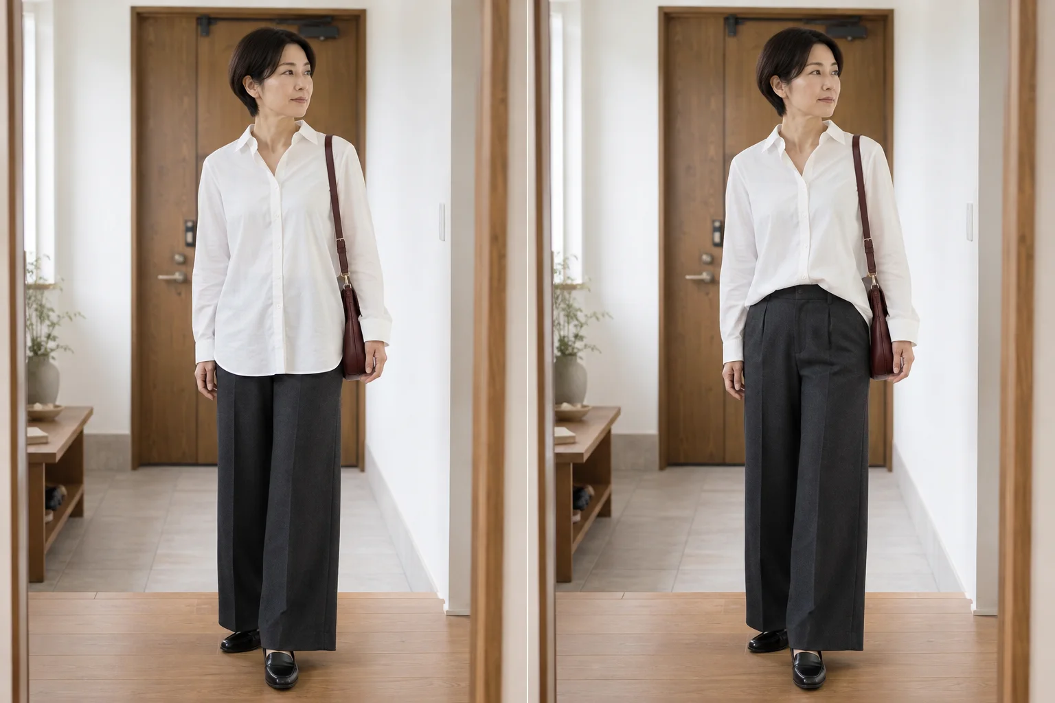 同じ白シャツとチャコールのパンツで、裾を出す着方と前だけ入れる着方を並べた比較。